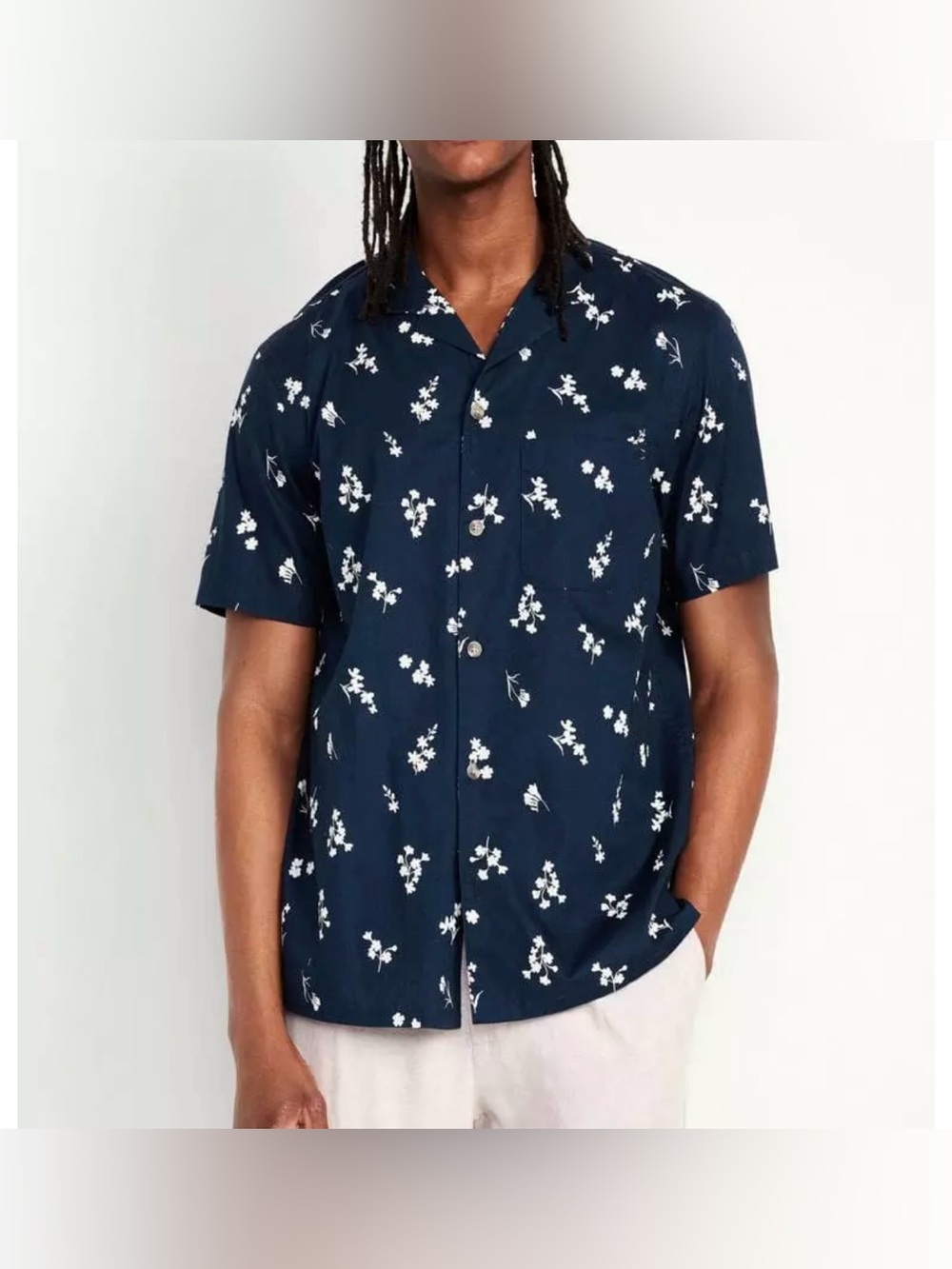 Old Navy Men’s Floral Button Up Shirt Navy Blue White Size L Cotton